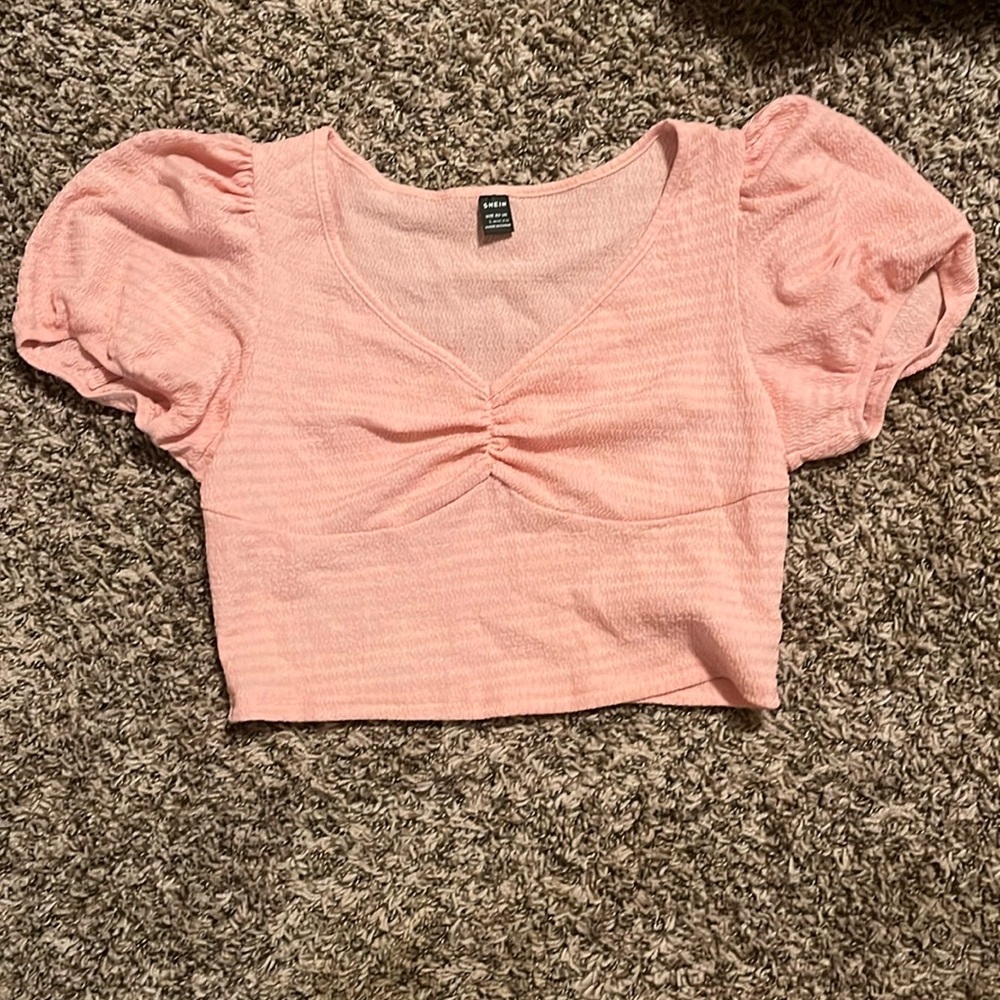 Shein Pink Crop Top Puffy Sleeves Ribbed Design Women’s Large